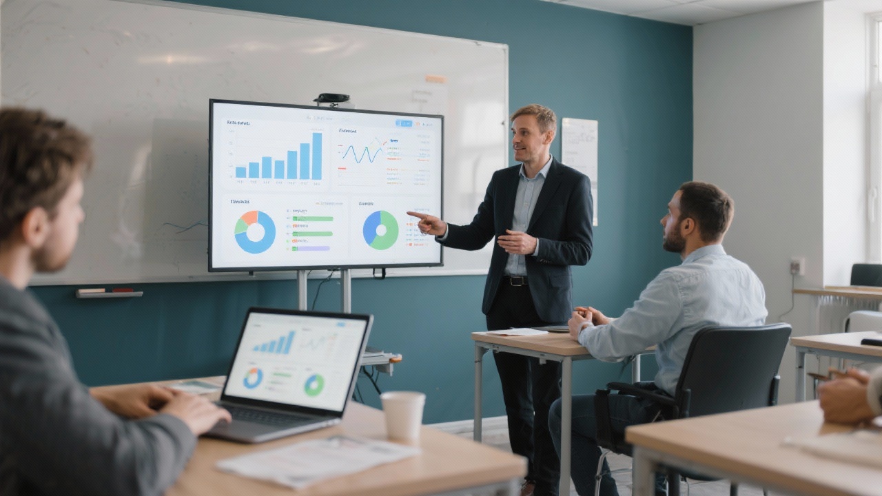 Professional business trainer guiding small business owner through Excel dashboard metrics on laptop during workshop in modern Budapest classroom with analytical charts displayed on large screen.