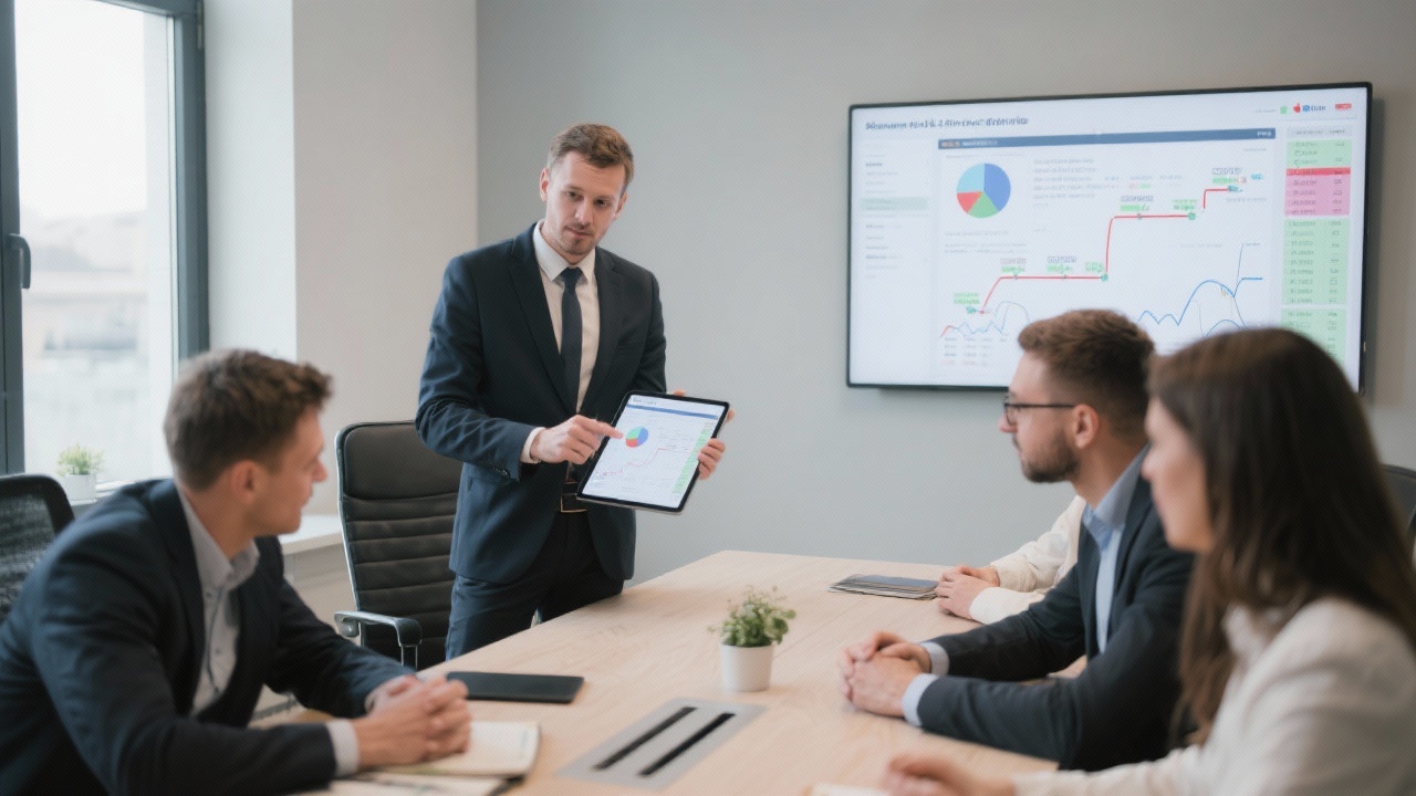 Consultant facilitating service planning session with Hungarian business owners reviewing Excel-based analytics service roadmap on digital tablet in modern meeting room.