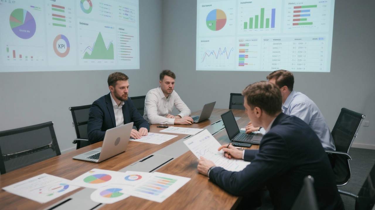 Three Hungarian entrepreneurs collaborating on Excel dashboard creation around a large meeting table with printed KPI charts, laptops, and projected analytics visuals on the wall.