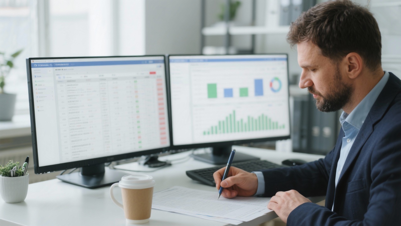 Modern workspace with dual monitors displaying Excel analytics, Hungarian business owner taking notes while reviewing structured data governance documentation beside coffee mug.