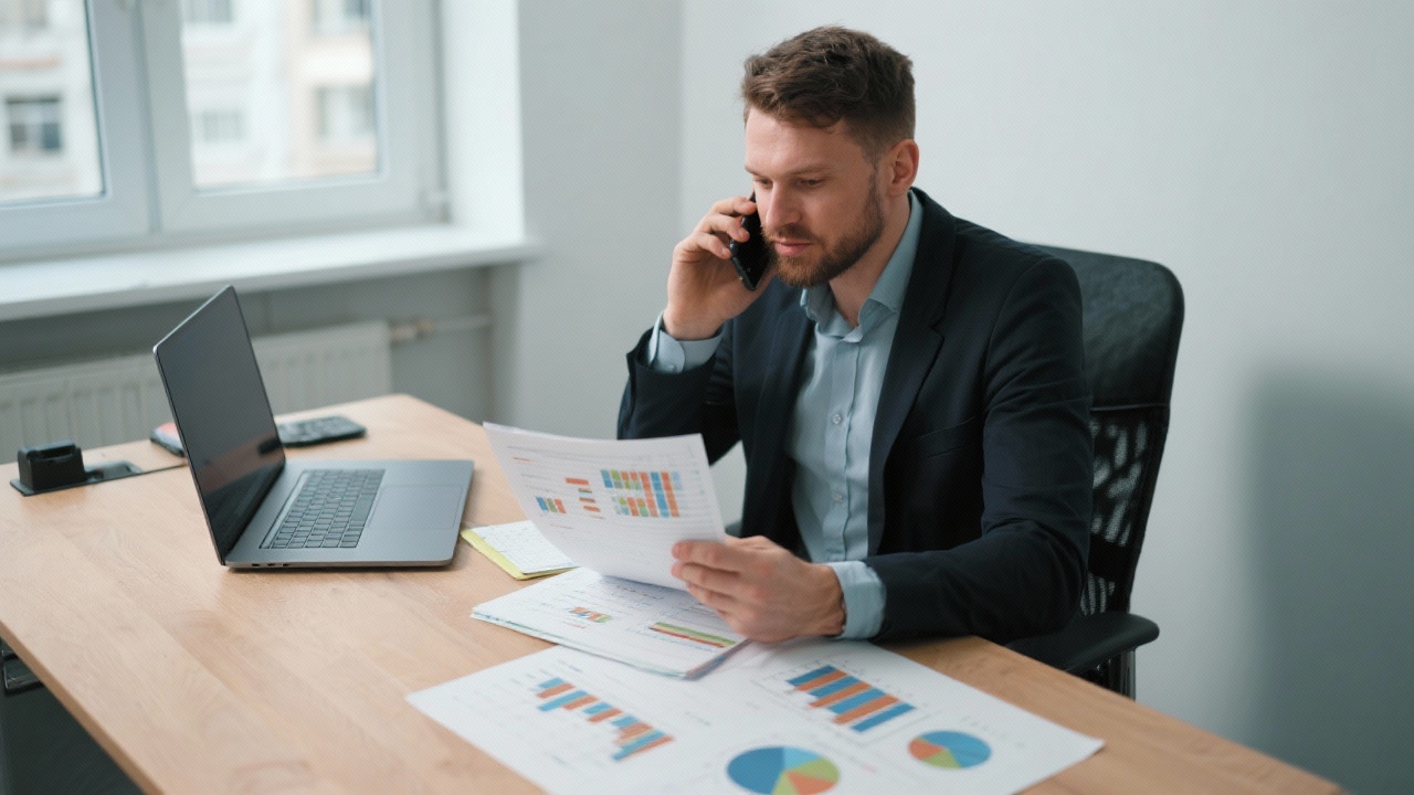 Business professional speaking on phone in Budapest office while reviewing Excel analytics notes on desk beside open laptop and printed charts.