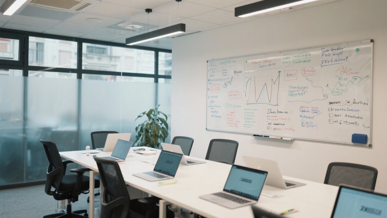 Modern Budapest office interior with collaborative workspace, whiteboard full of analytics notes, and laptops prepared for Excel training session with local entrepreneurs.