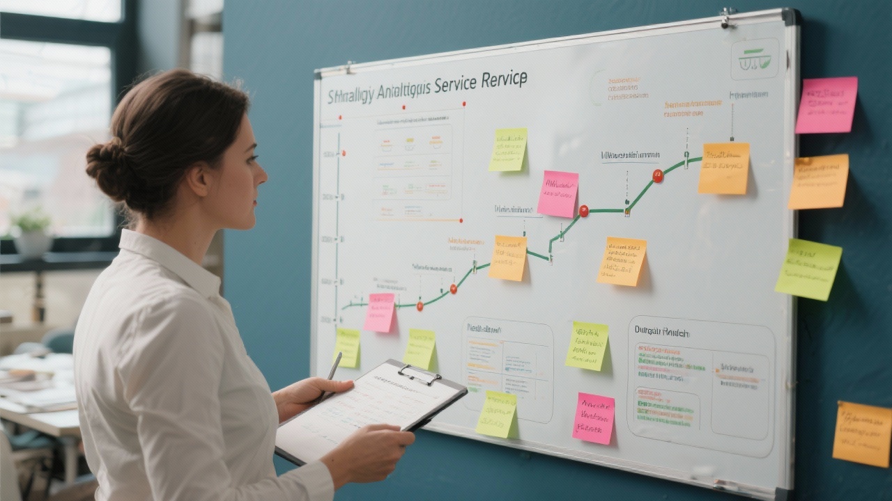 Strategic planning board with detailed analytics service roadmap, sticky notes, and timeline while consultant prepares onboarding plan for small Hungarian company.