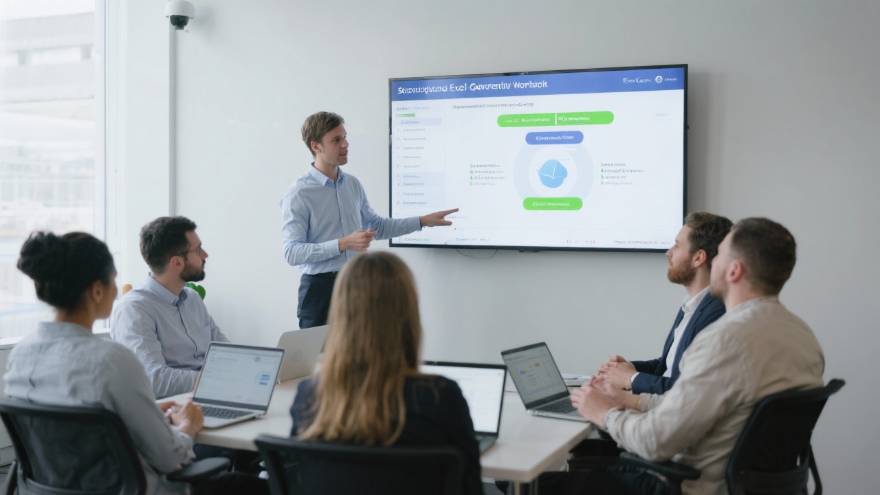 Instructor presenting structured Excel governance workflow on wall-mounted display to small group of entrepreneurs seated with laptops, focusing on secure business analytics procedures.