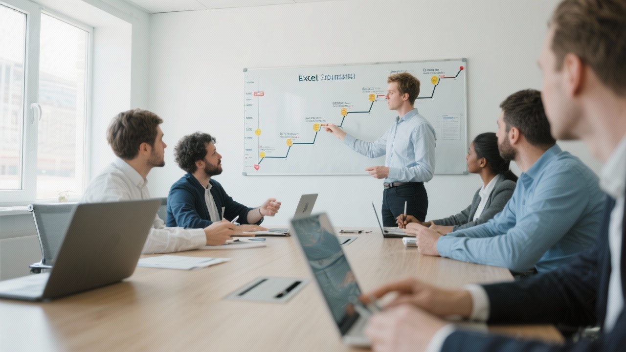 Small group of entrepreneurs discussing Excel strategy around conference table while facilitator highlights milestones on timeline board in bright training room.
